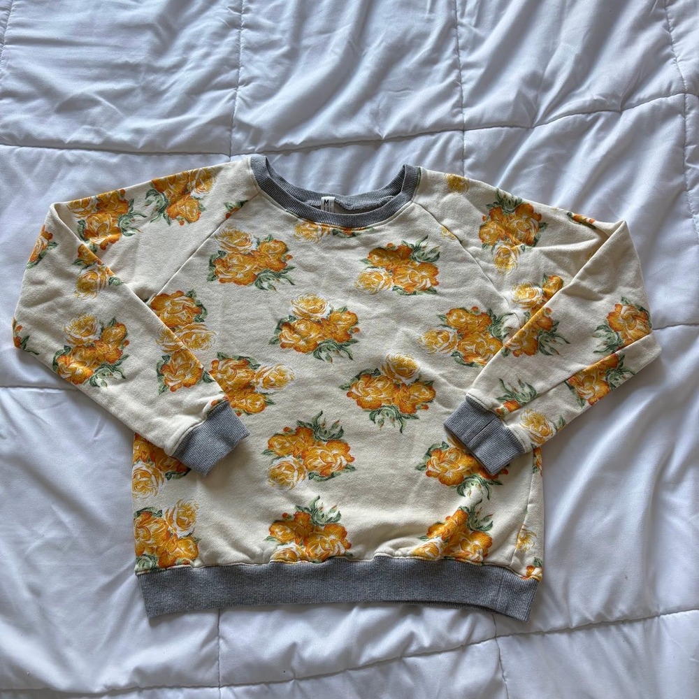 Floral Rose Sweatshirt 100% Cotton XS Cream Orange Grey Cottagecore Prairie